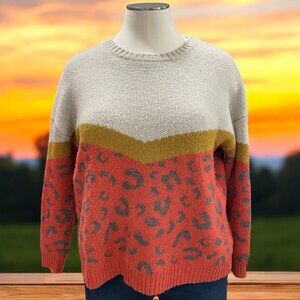 Easel Womens P1X Colorblock Leopard Knit Sweater Cozy Acrylic Cozy Outdoor Fall